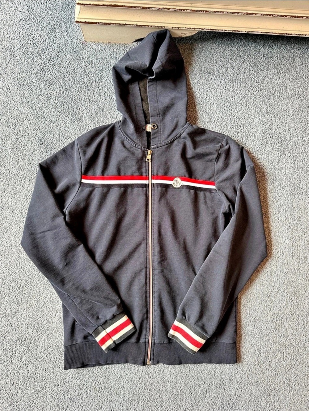 Moncler Zip Up in Navy with White and Red Stripes